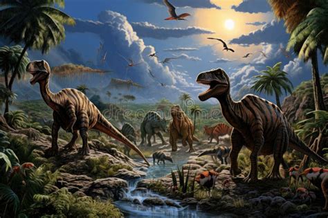 Dinosaurs in the Triassic Period Age in the Green Grass Land and Blue ...