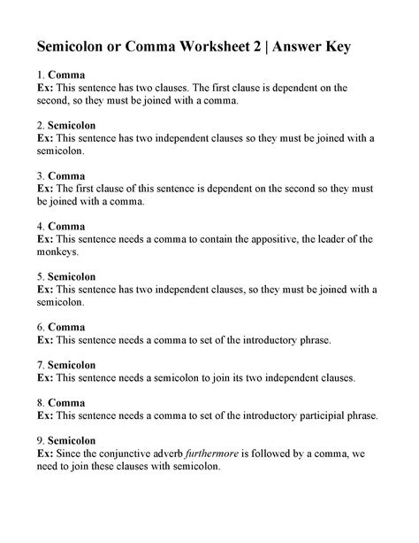 Semicolon Worksheets