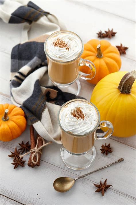 Fall Pumpkin Spice Latte With Whipped Cream On White Wooden Background ...