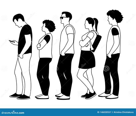 Full Length of Cartoon People Standing in Line Outline Stock Vector - Illustration of looking ...