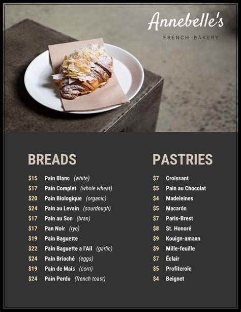 Simple Charcoal French Bakery Menu - Venngage