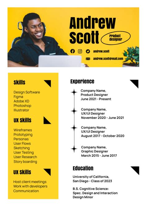 Product Designer's Skills and Experience Online Resume Template - VistaCreate