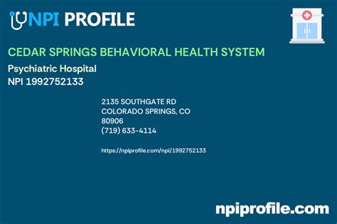 CEDAR SPRINGS BEHAVIORAL HEALTH SYSTEM - NPI 1992752133 - Psychiatric Hospital in Colorado ...