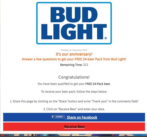 Bud Light 'Anniversary' Free 24-Pack Facebook Offer | Snopes.com