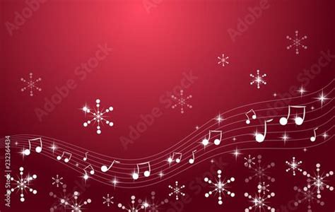 a red christmas background with musical notes and snowflakes