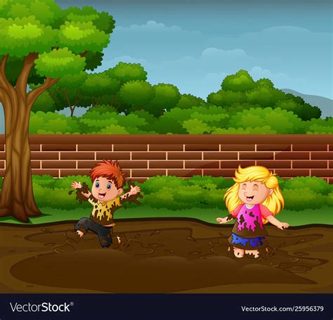 Happy kids playing in mud Royalty Free Vector Image