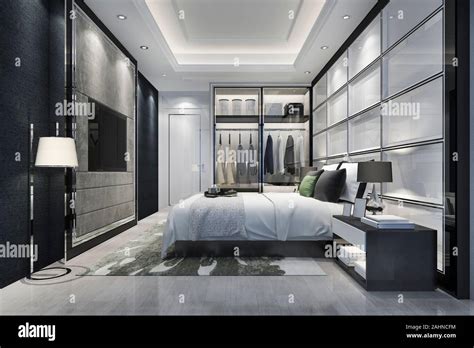 3d rendering luxury modern bedroom suite tv with wardrobe and walk in ...