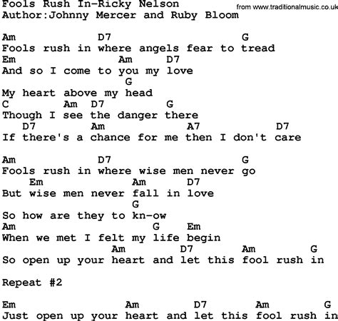 Country Music:Fools Rush In-Ricky Nelson Lyrics and Chords