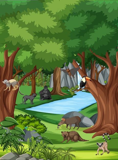 Free Vector | Nature scene with stream flowing through the forest with wild animals