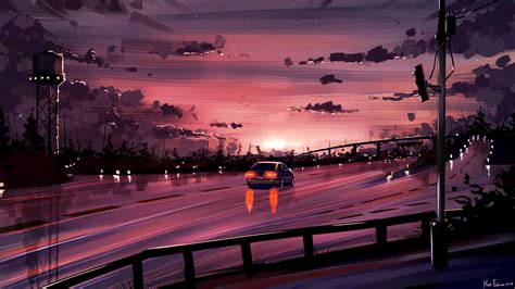 Download wallpaper 3840x2160 car, road, sunset, reflection, art, purple ...