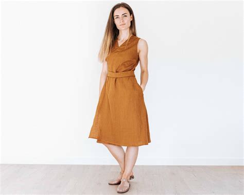 Linen wrap dress CAMILA. Sleeveless summer midi dress with belt ...