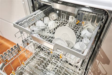 Many of Dirty Dishes in the Dishwasher. Built-in Dishwashers with Opened Door Stock Image ...