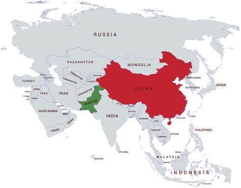 Map of Asia; Pakistan and China marked with different colors green and ...