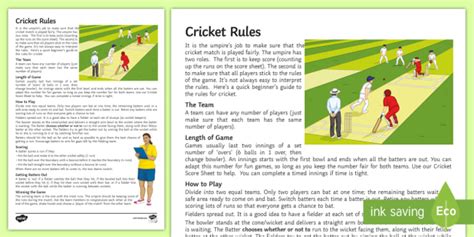 Cricket Rules Worksheet | Cricket | Physical Education