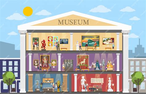 Premium Vector | Museum city building interior with rooms and visitors.