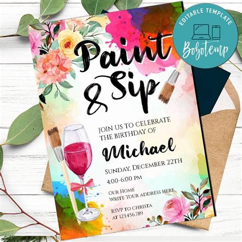 Paint & Sip Invitation Printable Instant Download | Bobotemp