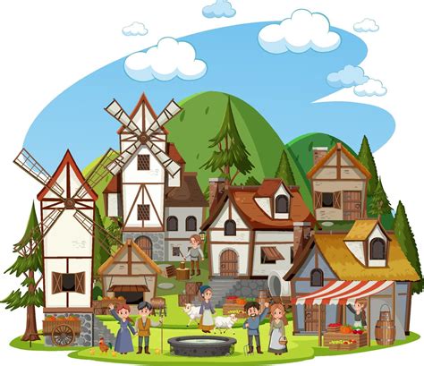 Medieval village with windmill and villagers 3215898 Vector Art at Vecteezy