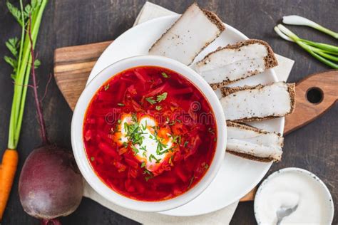 Ukrainian Red National Dish Borsch, Beet Soup, Added To Unesco List. Borscht with Sour Cream ...