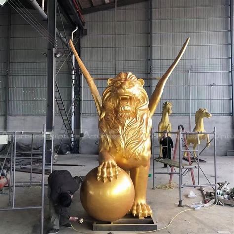 Large Gold Lion Statue, Winged Lion with Ball