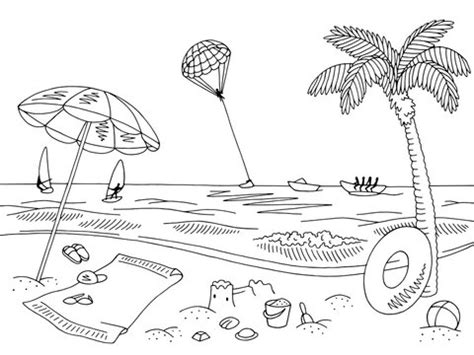 Beach Scene Clipart Black And White