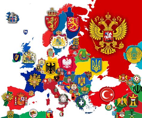 Map of Europe (+surroundings) with every country's Coat of Arms/National Emblem : r/europe