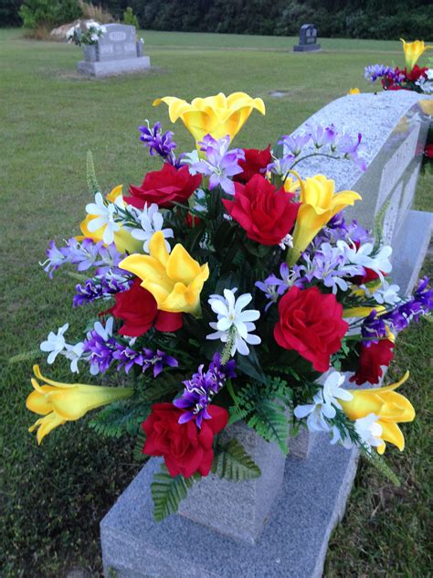 Spring/Summer cemetery vase using yellow lilies, red roses, purpl… | Flower arrangements diy ...