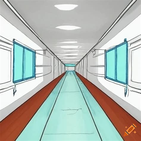 One point perspective drawing of a school hallway on Craiyon