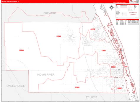 Indian River County, FL Zip Code Wall Map Red Line Style by MarketMAPS - MapSales