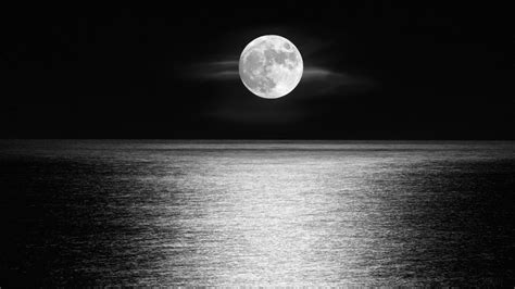 Black and White, Horizon, Moon, Moonlight, Ocean 4k HD Wallpaper