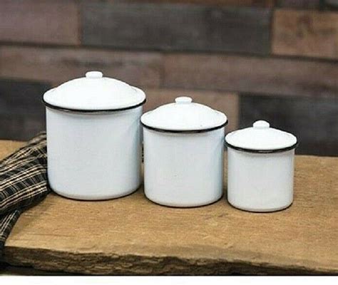 Primitive ENAMELWARE CANISTERS Set 3 WHITE With BLACK TRIM New ...