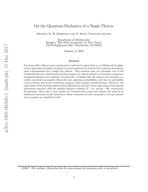 (PDF) On the Quantum-Mechanics of a Single Photon