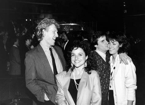 Julia Louis-Dreyfus at a party for Paul McCartney with SNL cast Brad Hall and Gary Kroeger, 1984 ...