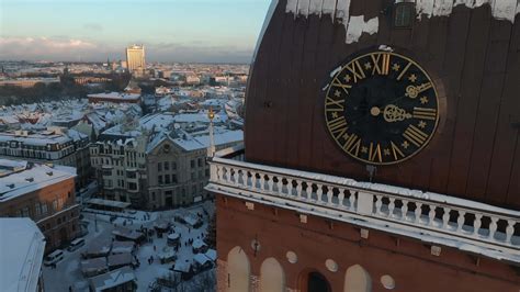 Beautiful winter wonderland over Riga old town. Christmas market with Christmas tree in the ...