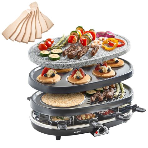 VonShef 3-in-1 Raclette-Grill für 8 Personen mit Naturstein & Grillplatten, Fondue-Wärmer, Tapas ...