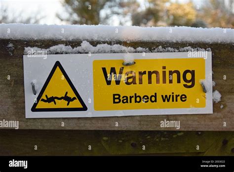 Yellow, black and white rectangular sign: warning barbed wire with barbed wire icon in triangle ...
