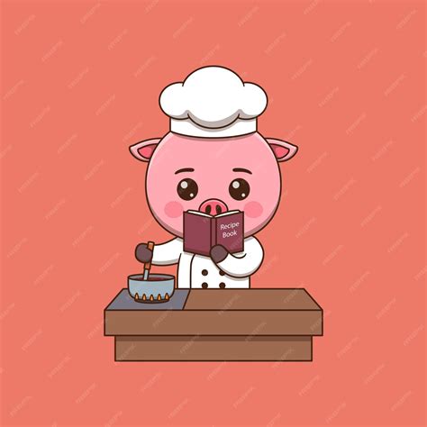 Premium Vector | Cute pig chef cooking while looking at the recipe book