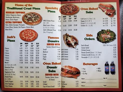 Menu at Jack's Pizza pizzeria, Shediac