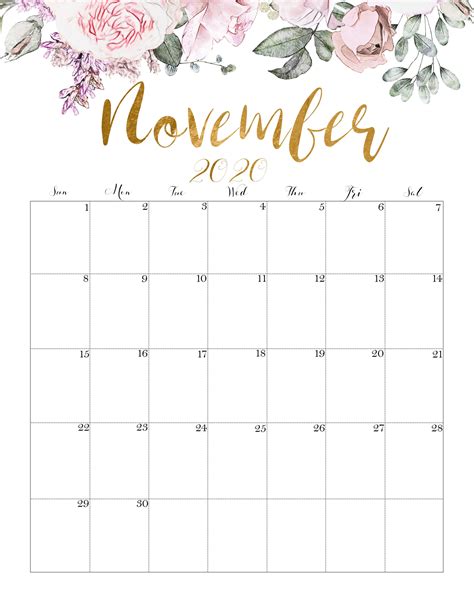 Cute November 2020 Floral Calendar | November calendar, Printable ...