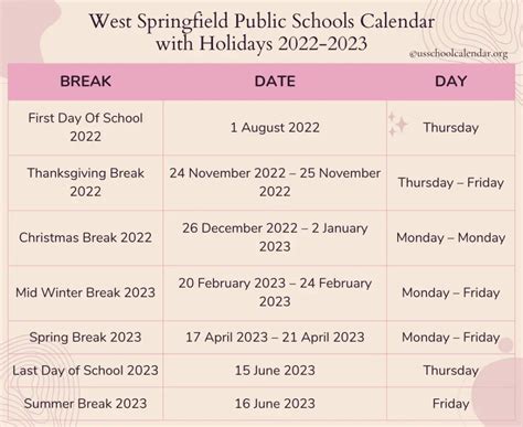 West Springfield School Calendar - Marjy Deerdre