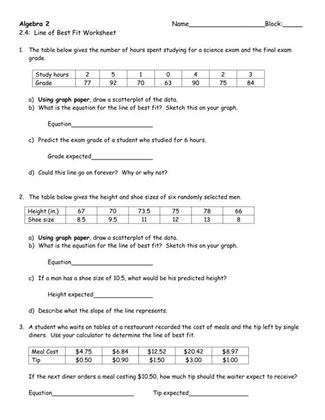 Line of Best fit worksheet