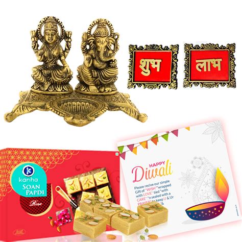 Diwali Celebrations Gourmet Gift Basket Hamper Metal Lord Idol Laxmi Ganesh ji Diya Deepak with ...