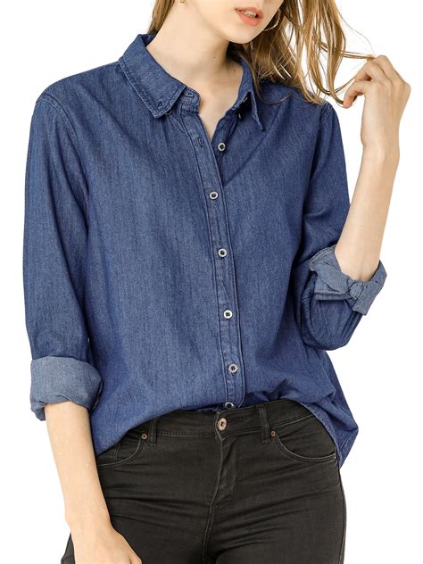 Unique Bargains - Women's Classic Long Sleeves Loose Button Up Denim Shirt - Walmart.com ...