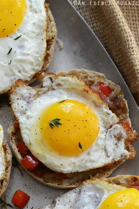 Cheesy English Muffins with Smoky Balsamic Red Pepper Compote and Fried Eggs - An Edible Mosaic™