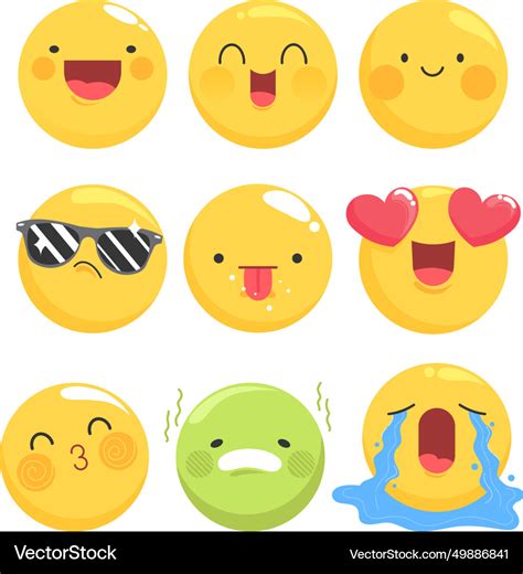 Set of eight yellow emoji faces showing different Vector Image