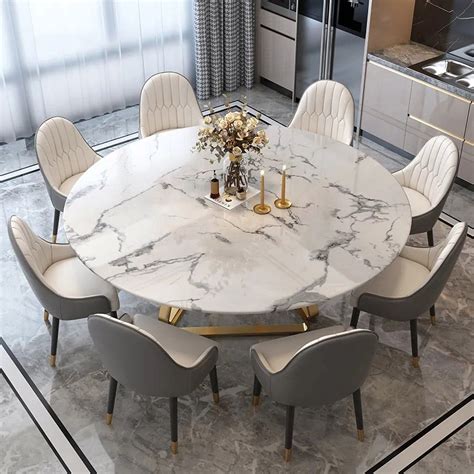 53" White Modern Round Faux Marble Dining Table with Stainless Steel Base | Homary | Dining ...