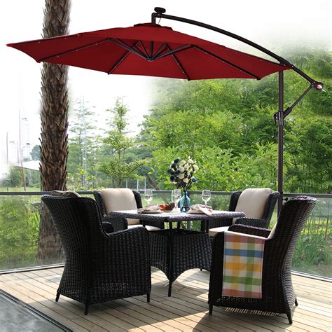 Costway 10' Hanging Solar LED Umbrella Patio Sun Shade Offset Market W/Base Burgundy - Walmart.com