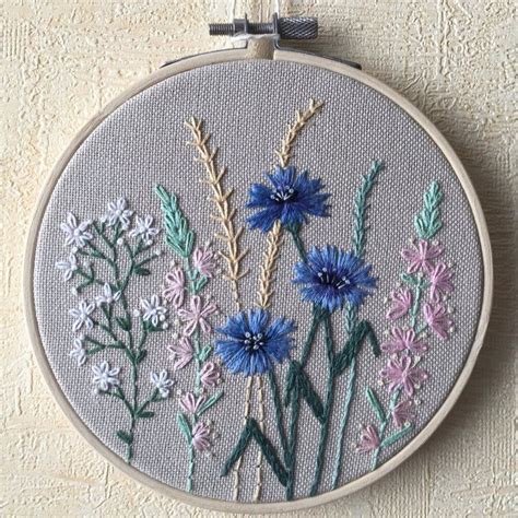 Floral embroidery hoop art cornflowers gift for girl, Hand stitched wall art, Framed botanical ...