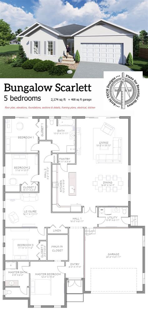 Ranch House Plans, Bungalow With Garage, PDF Download - Etsy