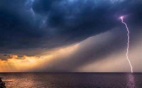 Lightning, black clouds, storm at sea Wallpaper Download 5120x3200