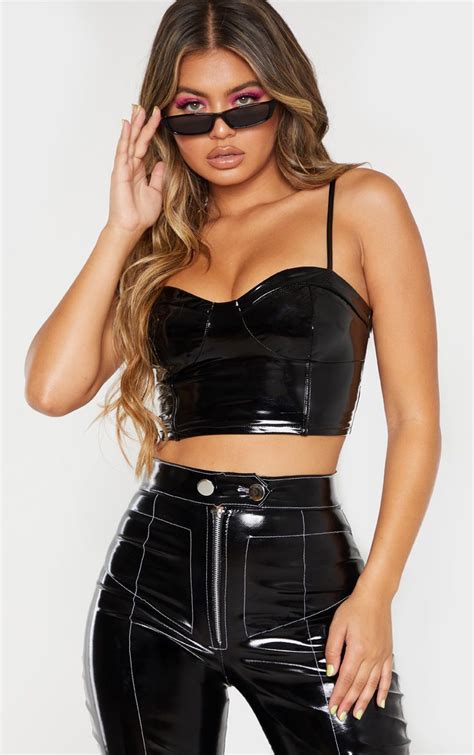 Black Vinyl Strappy Back Crop Top | Vinyl clothing, Crop tops, Women